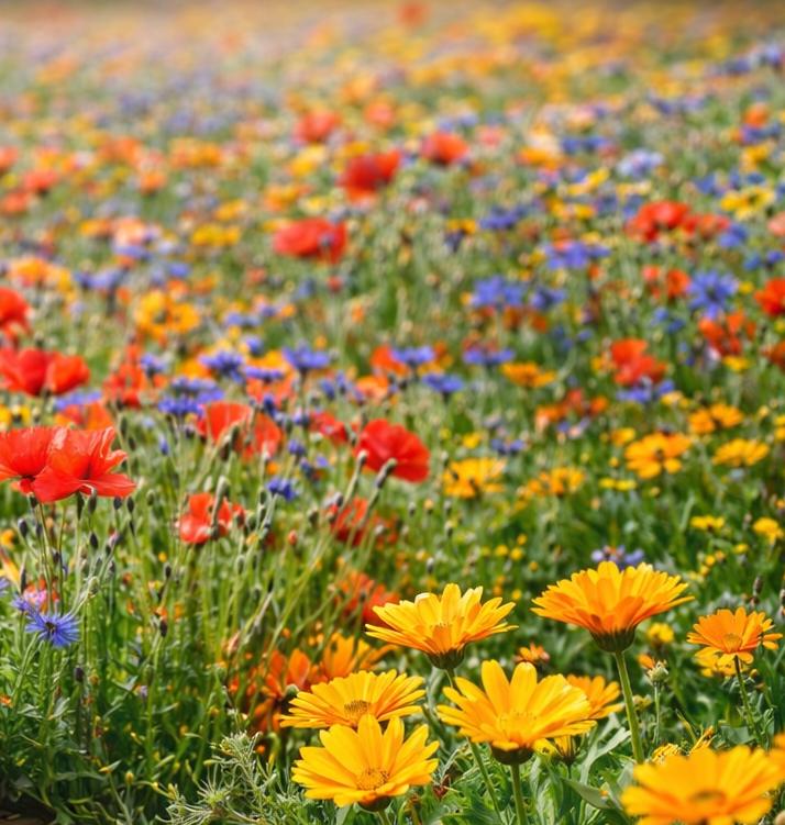 100qm Bunte Wiese Mix Kornblume + Klatschmohn und Ringelblume